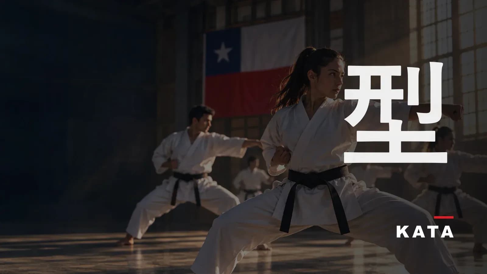 Practicante de Karate Kyokushin en postura frente a la bandera de Chile