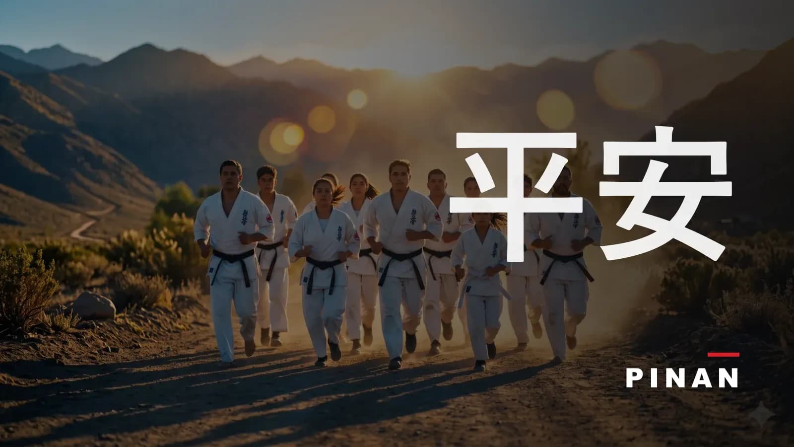 Karatekas entrenando con la cordillera de fondo